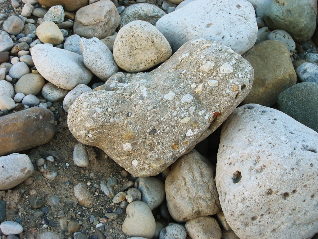A rounded conglomerate boulder in the drift gravel with pebbles resembling the surrounding drift pebbles