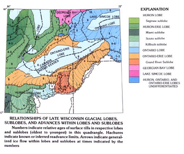 Map showing the supposed directions of ice flow from the Lake Erie basin.